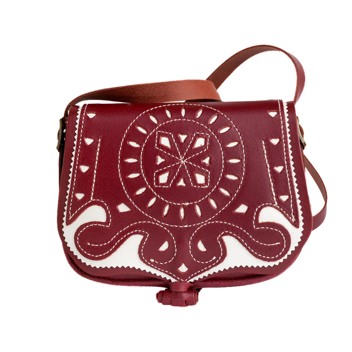 Comprar Bolso rociero artesanal de piel marrón y blanco · Bandolera y riñonera La Flamenca de Borgoña Bandera España