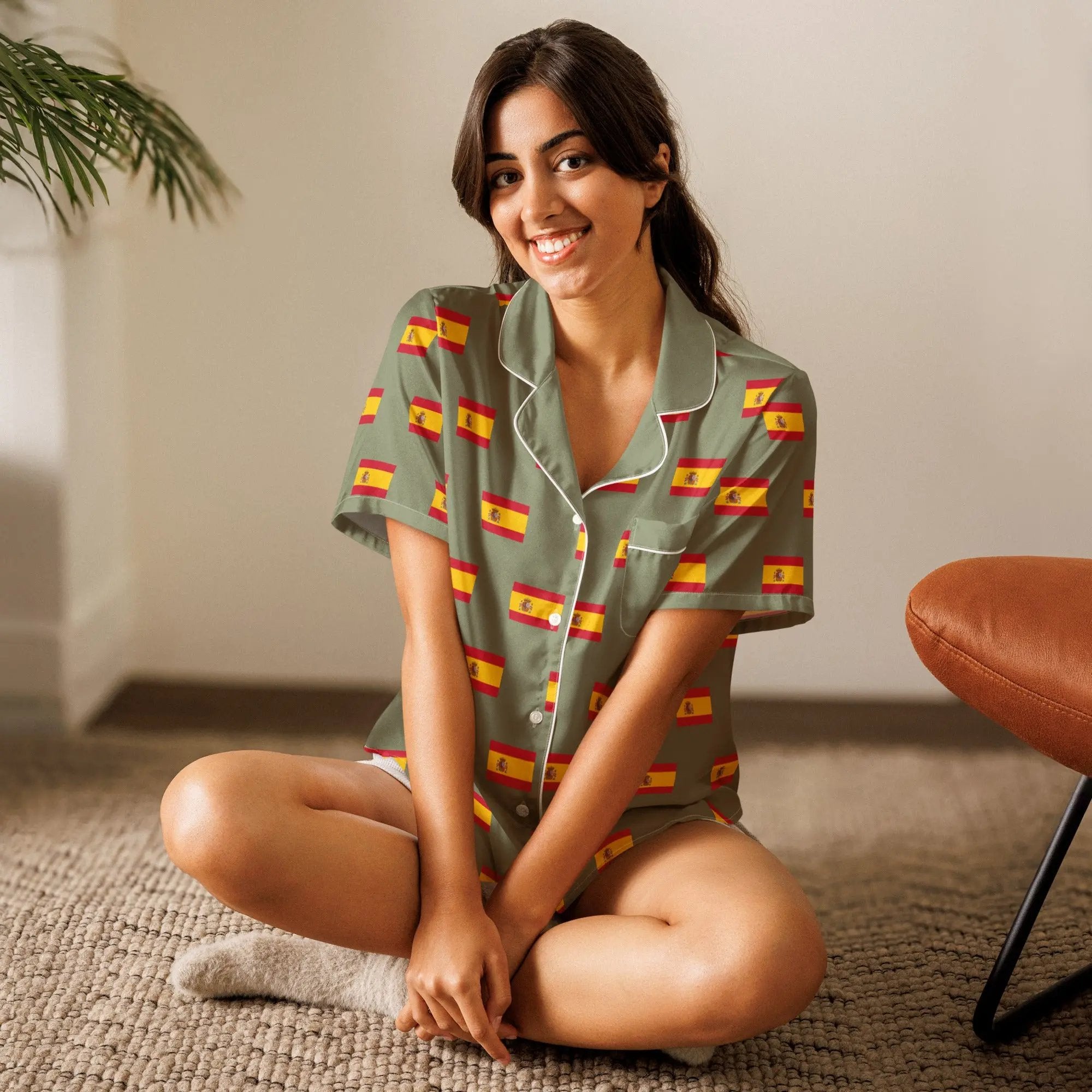 Comprar Camiseta de pijama de manga corta Verde Bandera España con ribete La Flamenca de Borgoña Bandera España