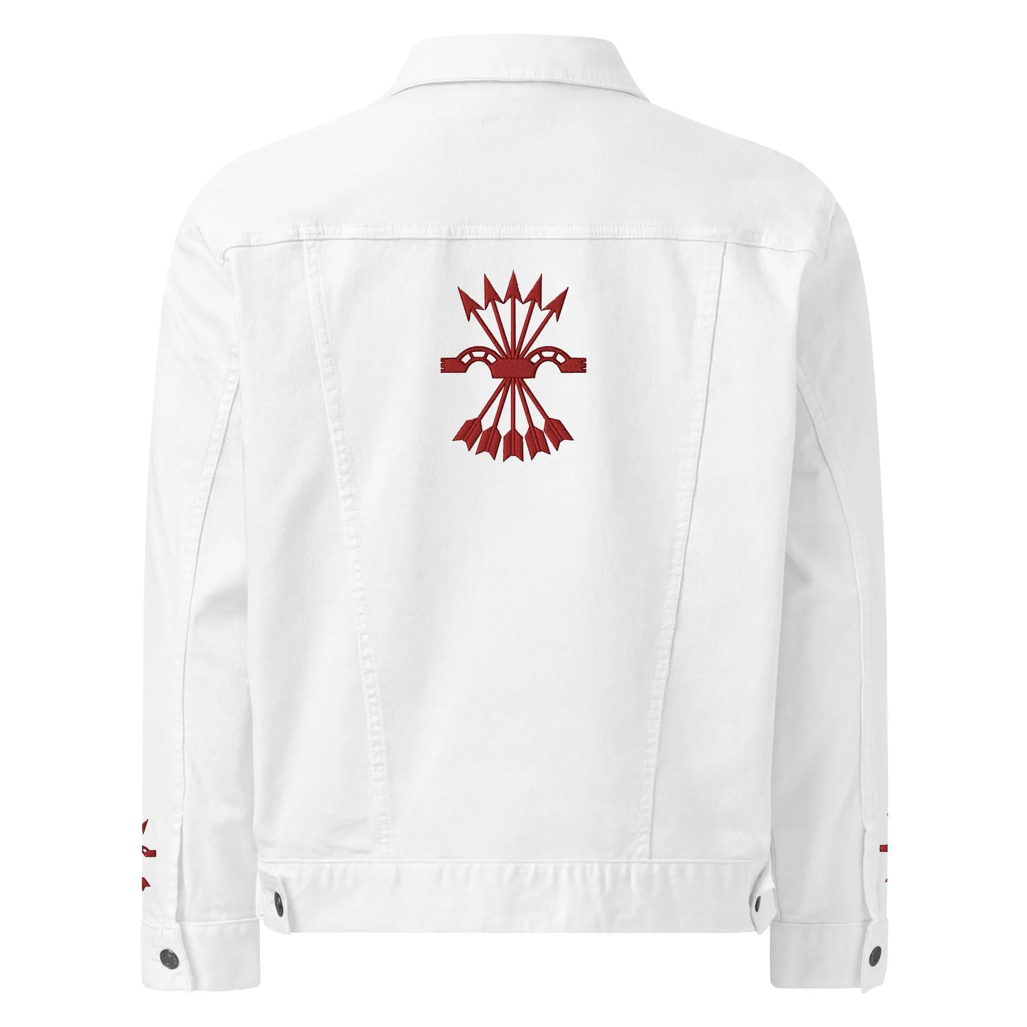 Comprar Chaqueta denim unisex Falange La Flamenca de Borgoña, Bandera de España, Cruz de Borgoña, Patricia Muñoz, VOX, Santiago Abascal