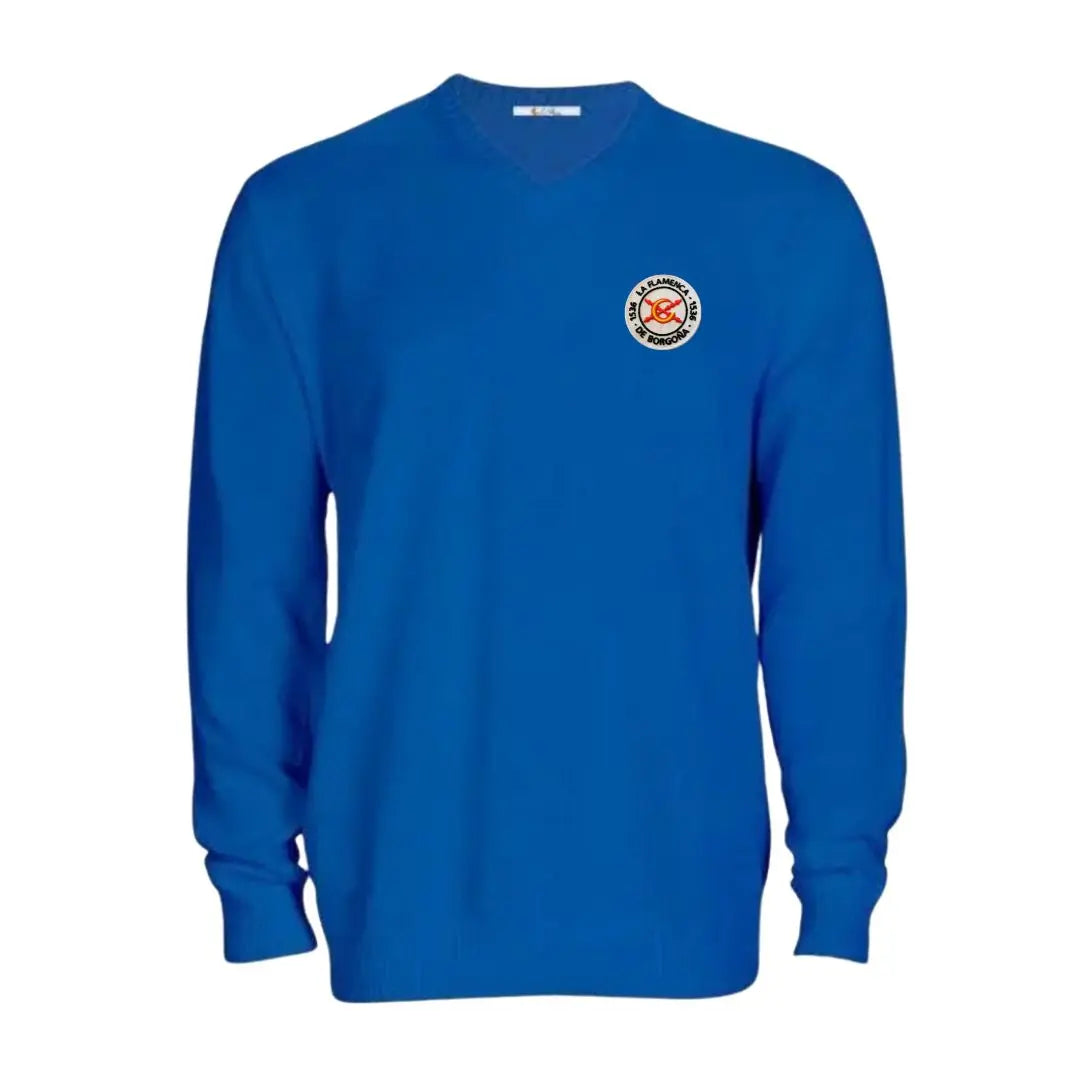 Jersey Bandera España hombre cuello pico azul Parche - LaFlamencadeBorgoña