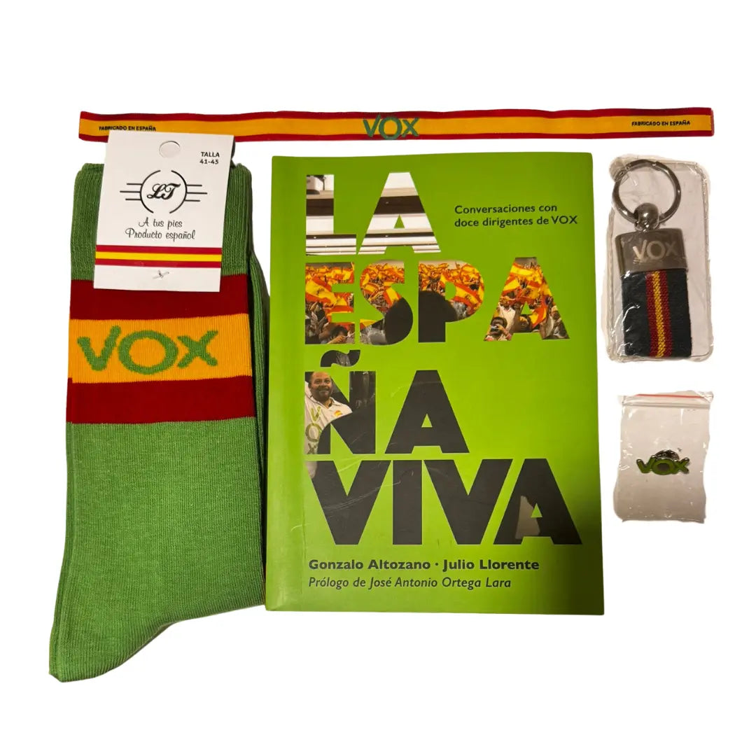 Comprar Libro La España Viva VOX + lote Calcetines, Pulsera, Llavero y Pin de VOX La Flamenca de Borgoña Bandera España