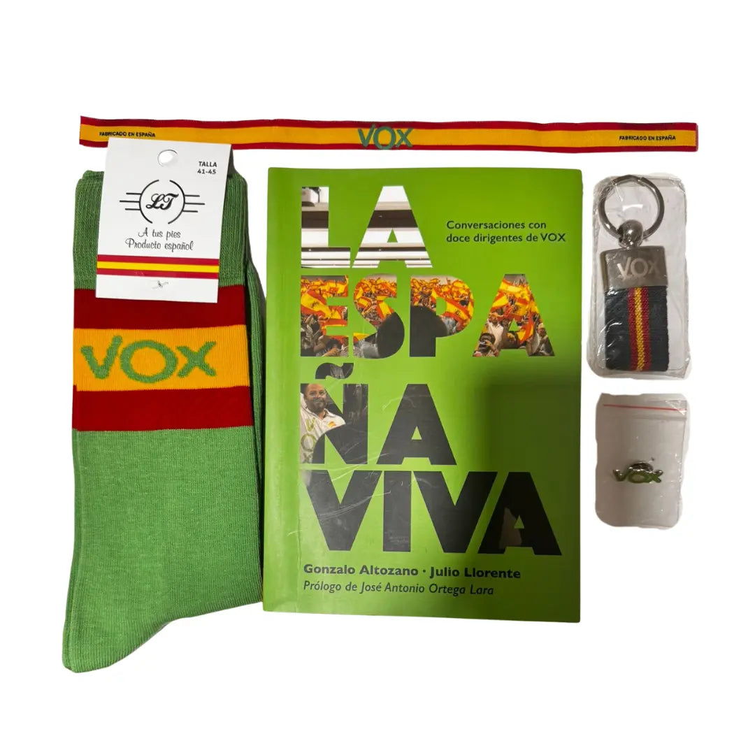Comprar Libro La España Viva VOX + lote Calcetines, Pulsera, Llavero y Pin de VOX La Flamenca de Borgoña Bandera España