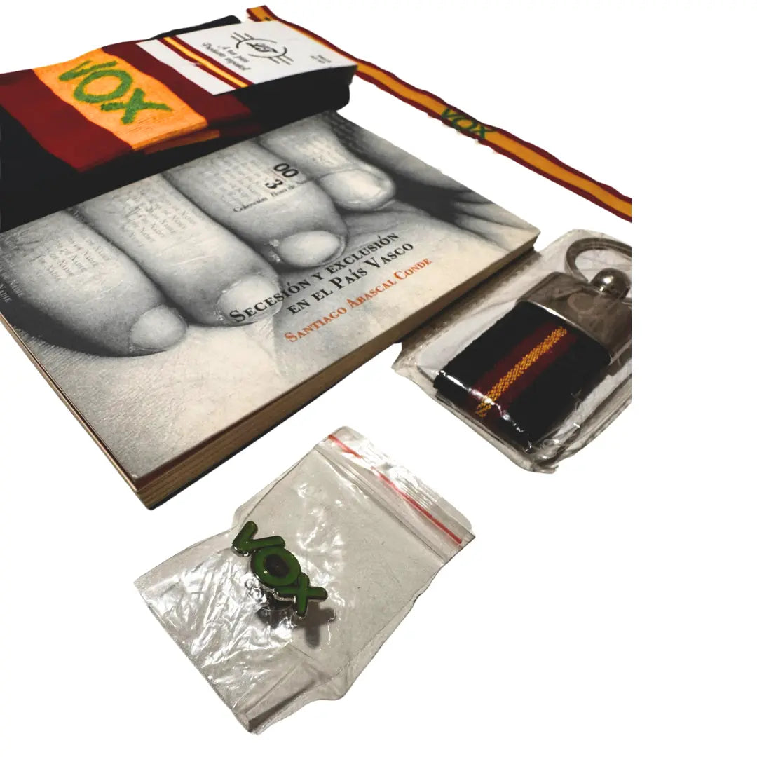 Comprar Libro Santiago Abascal VOX "Secesión y Exclusión en el País Vasco" + Lote VOX La Flamenca de Borgoña Bandera España