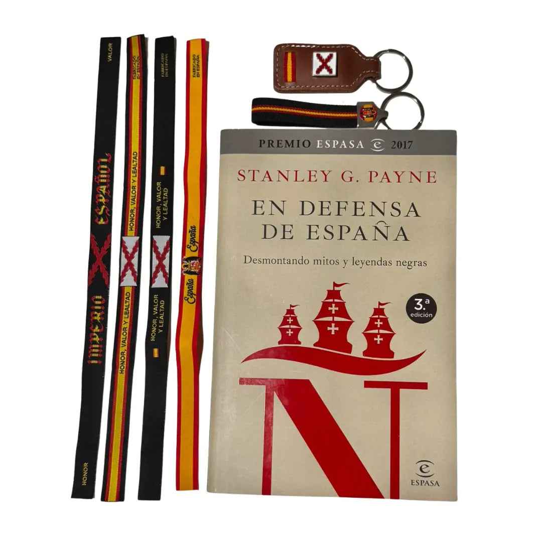Comprar Libro "En Defenda de España" de Stanley G. Payne + Lote Cruz Borgoña y Águila de San Juan La Flamenca de Borgoña Bandera España