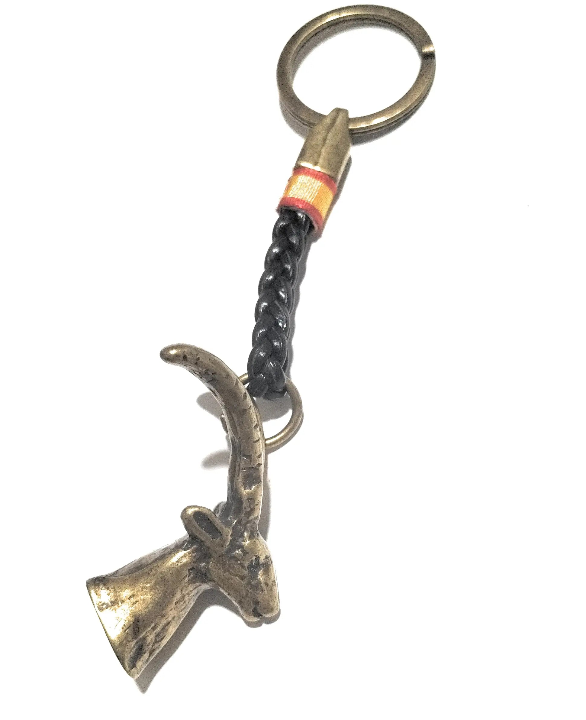 Llavero Cabra montesa bronce cuerda trenzada de piel y Bandera España - LaFlamencadeBorgoña