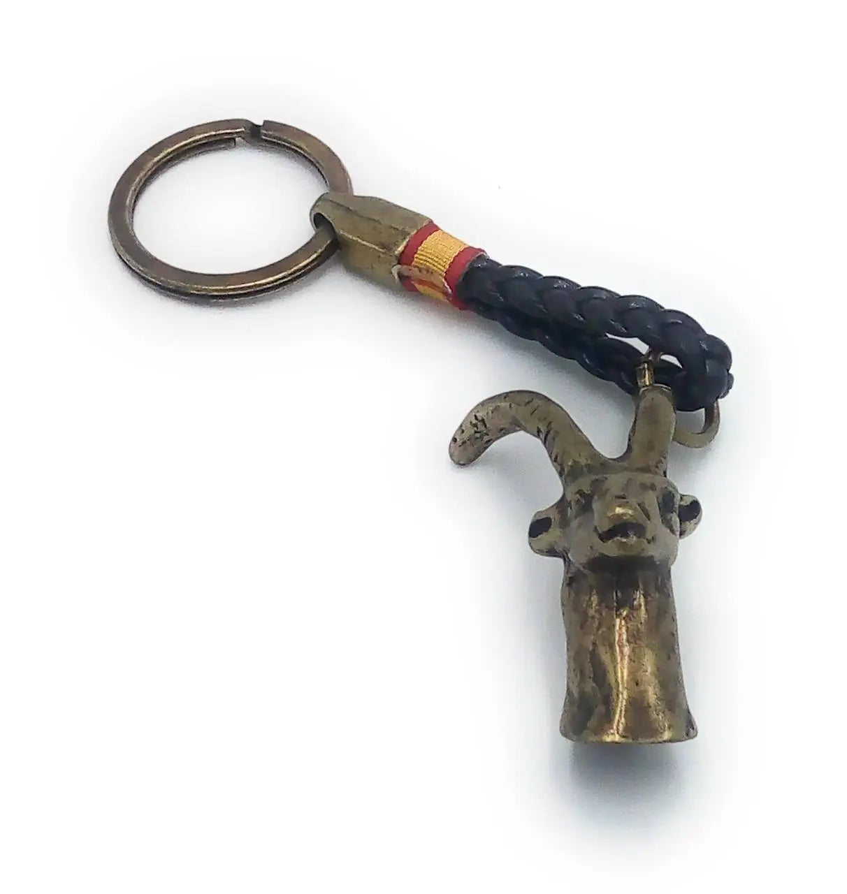 Llavero Cabra montesa bronce cuerda trenzada de piel y Bandera España - LaFlamencadeBorgoña