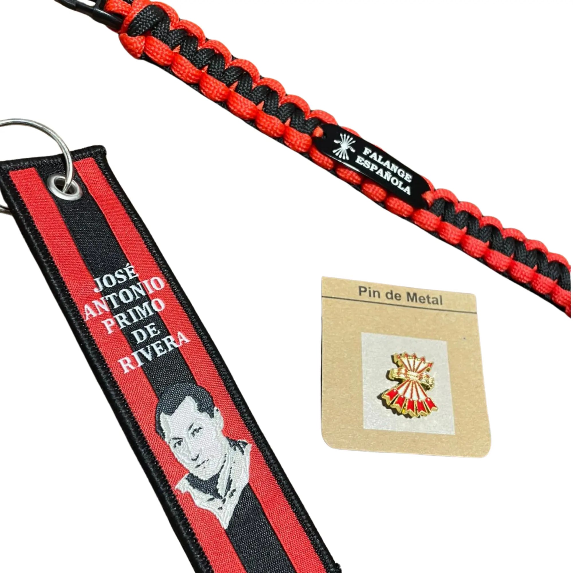 Comprar Lote Falange Española de las Jons: pin, pulsera, llavero Jose Antonio Primo de Rivera La Flamenca de Borgoña Bandera España