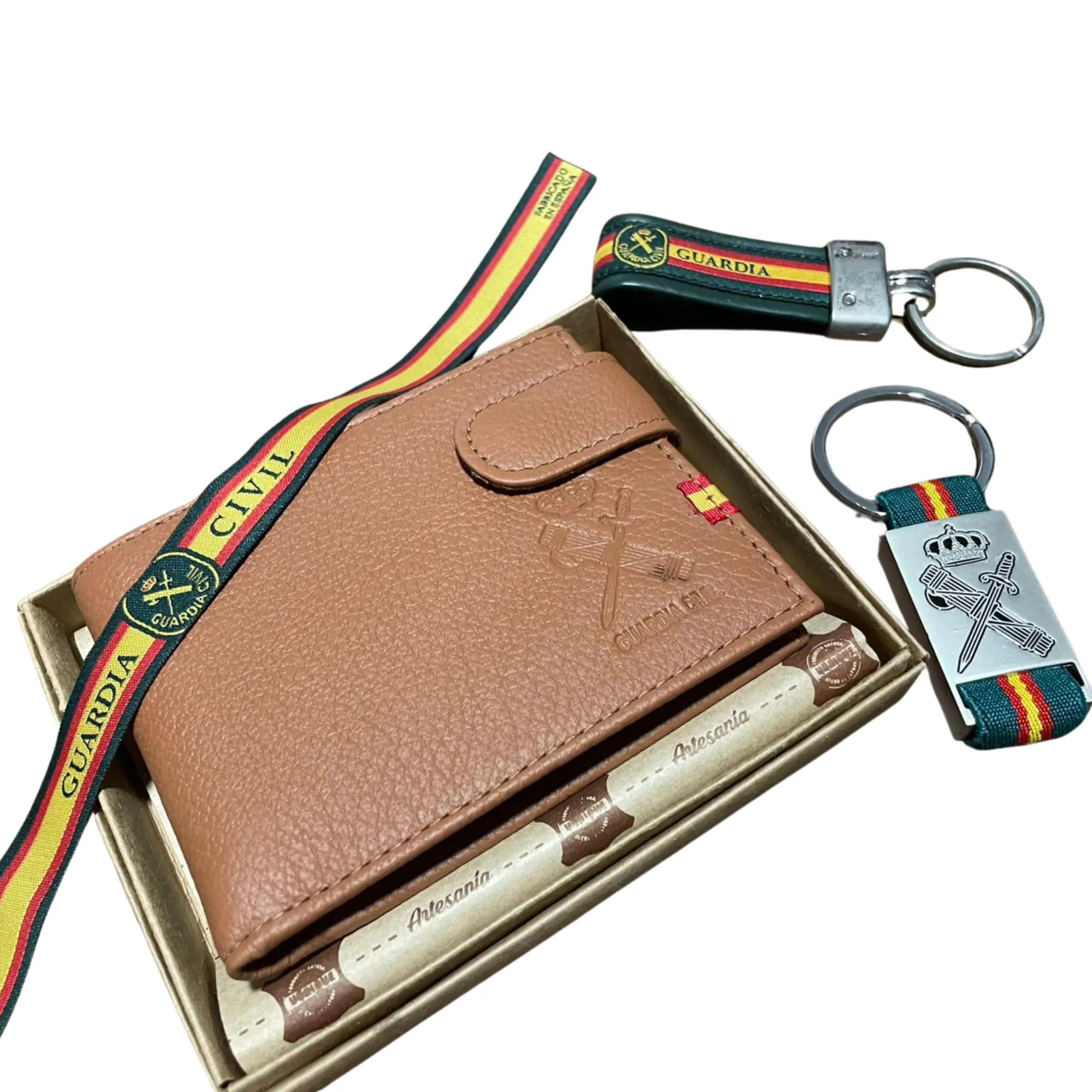 Comprar Lote Guardia Civil: cartera de piel, pulsera bandera de España y llavero La Flamenca de Borgoña Bandera España
