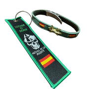 Comprar Lote Legión Española: pulsera de piel Cristo de la Buena Muerte y llavero “Novios de la muerte” La Flamenca de Borgoña Bandera España