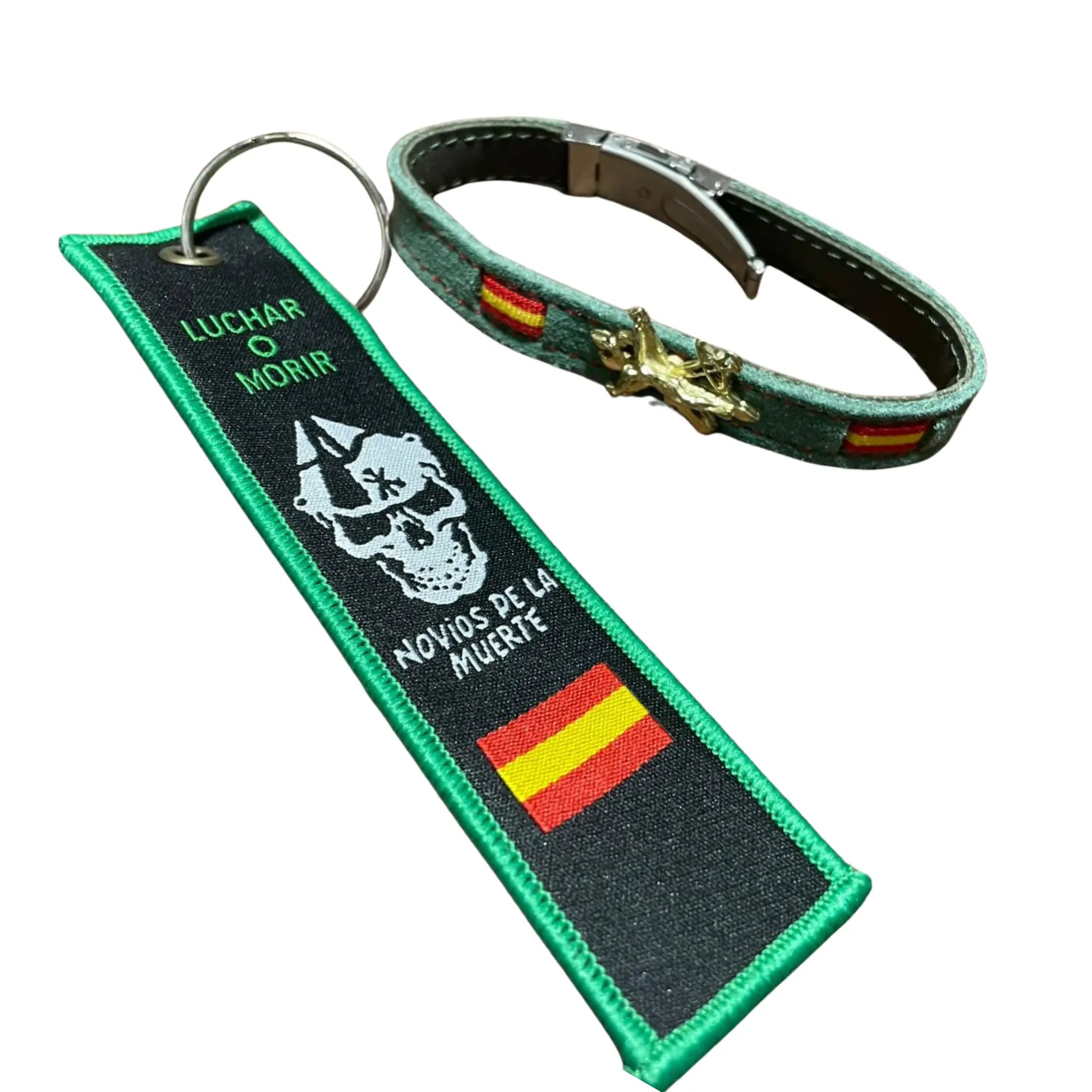 Comprar Lote Legión Española: pulsera de piel Cristo de la Buena Muerte y llavero “Novios de la muerte” La Flamenca de Borgoña Bandera España