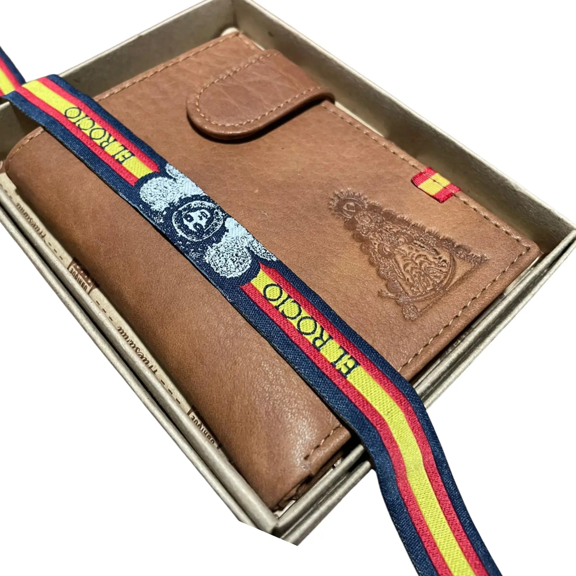 Comprar Lote Virgen del Rocío: cartera de piel y pulsera bandera de España La Flamenca de Borgoña Bandera España