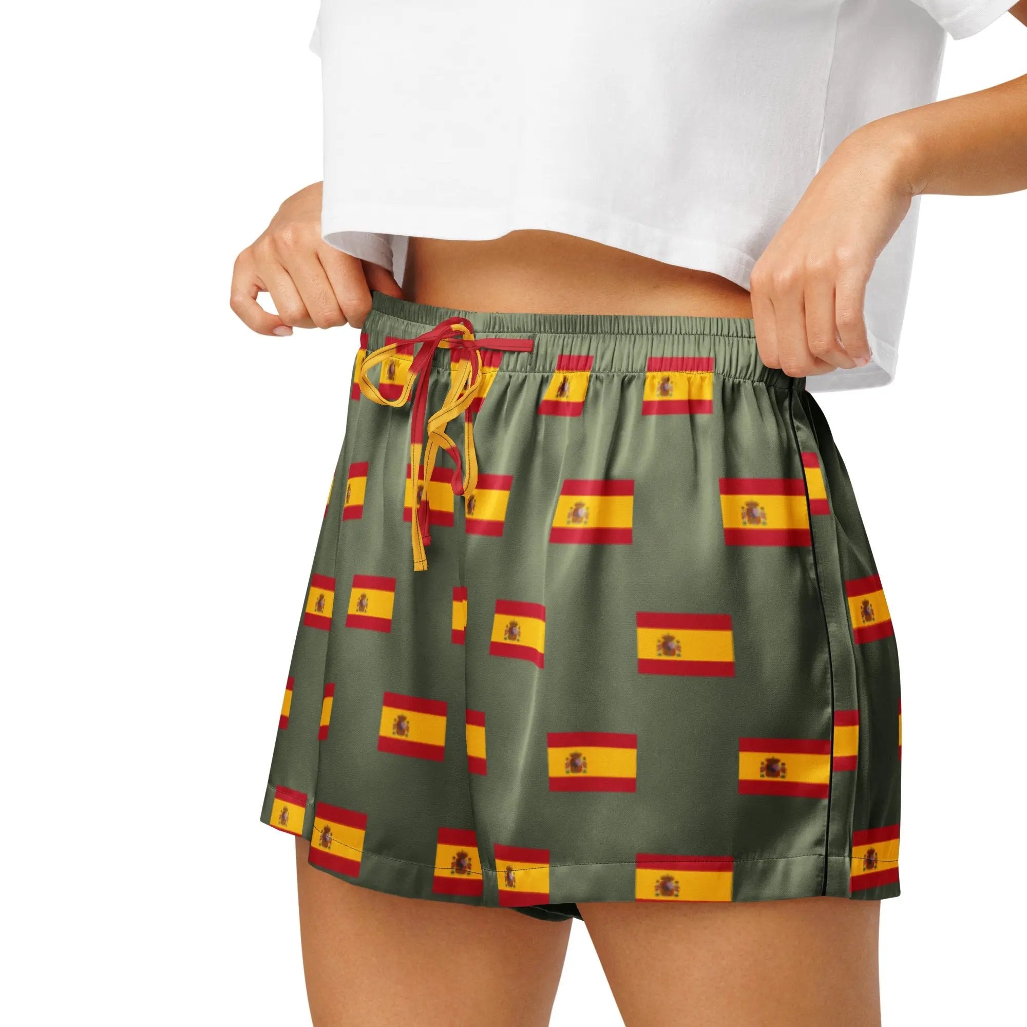 Comprar Pantalones cortos de pijama Verde Bandera España con ribete La Flamenca de Borgoña Bandera España