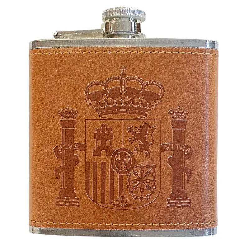 Comprar Petaca España de Acero Inoxidable 304 Forrada en Piel (Marron) 6oz 177ml La Flamenca de Borgoña Bandera España