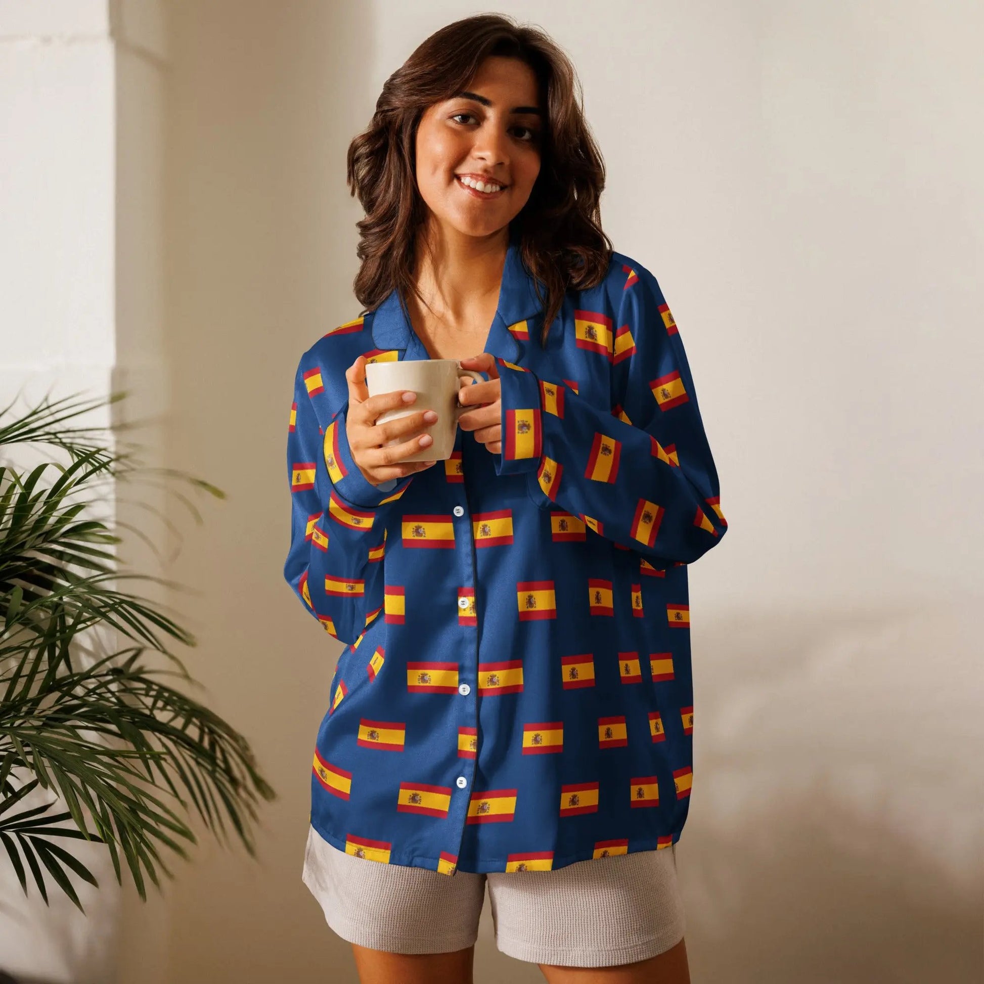 Comprar Pijama de manga larga Azul Bandera España con ribete La Flamenca de Borgoña Bandera España