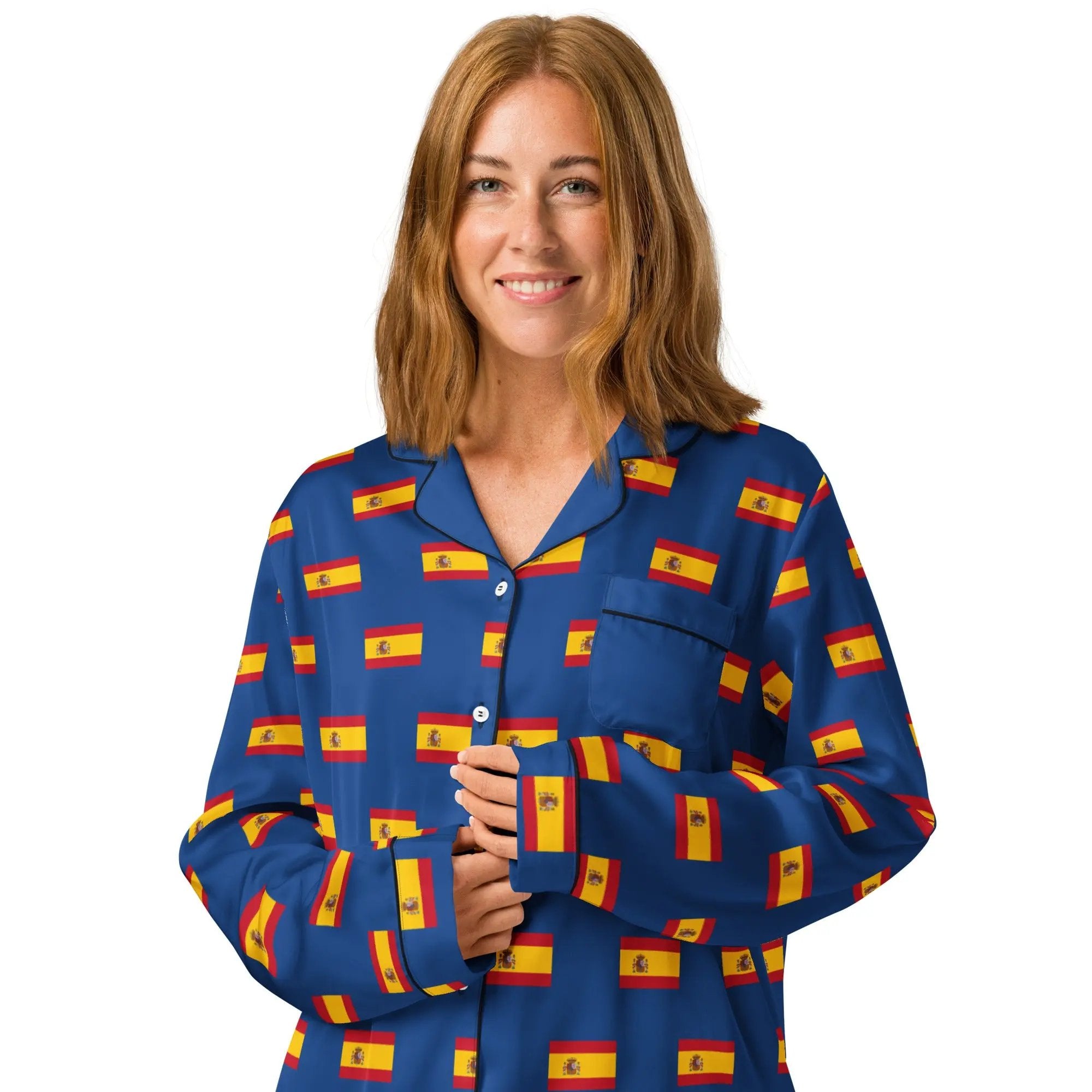 Comprar Pijama de manga larga Azul Bandera España con ribete La Flamenca de Borgoña Bandera España