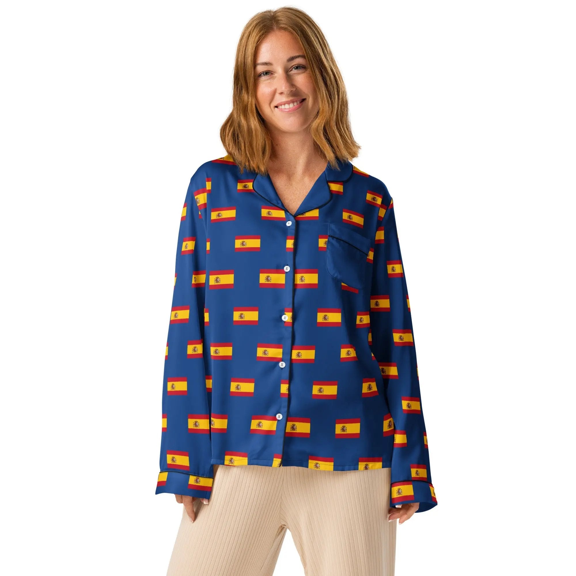 Comprar Pijama de manga larga Azul Bandera España con ribete La Flamenca de Borgoña Bandera España