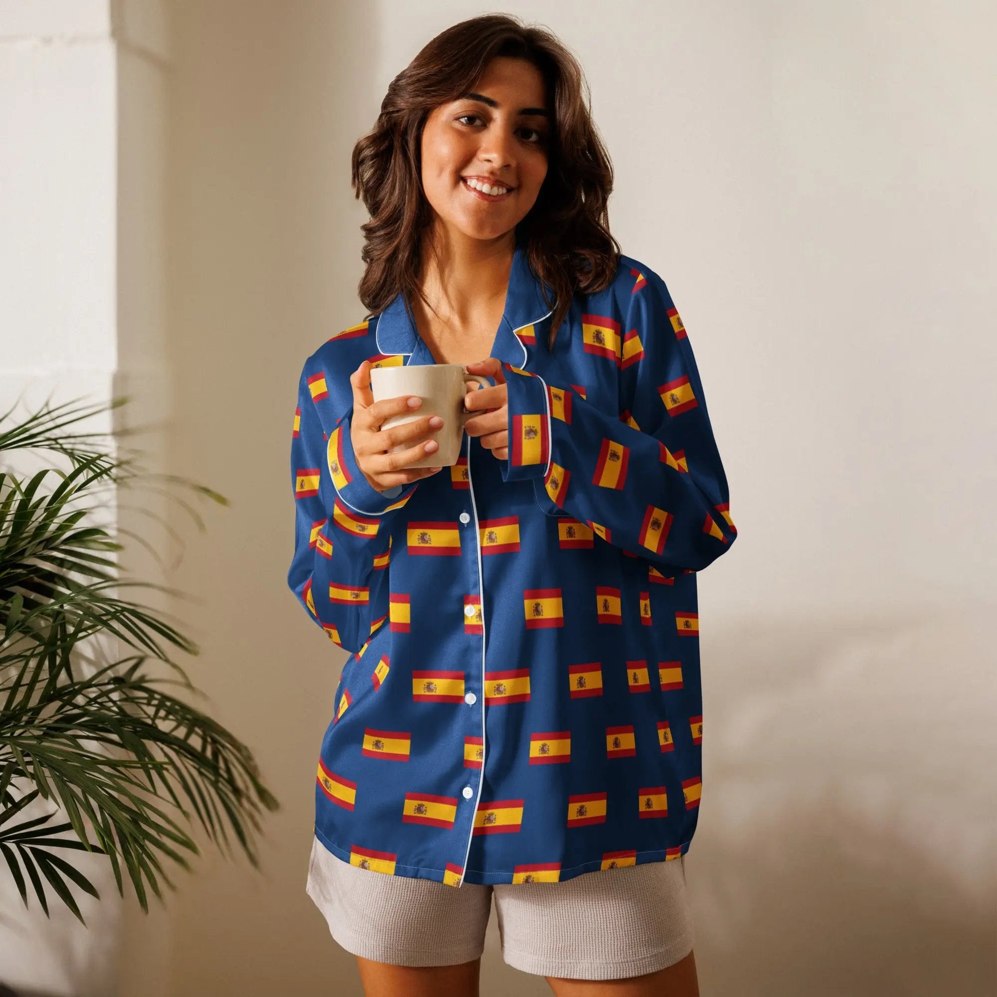 Comprar Pijama de manga larga Azul Bandera España con ribete La Flamenca de Borgoña Bandera España