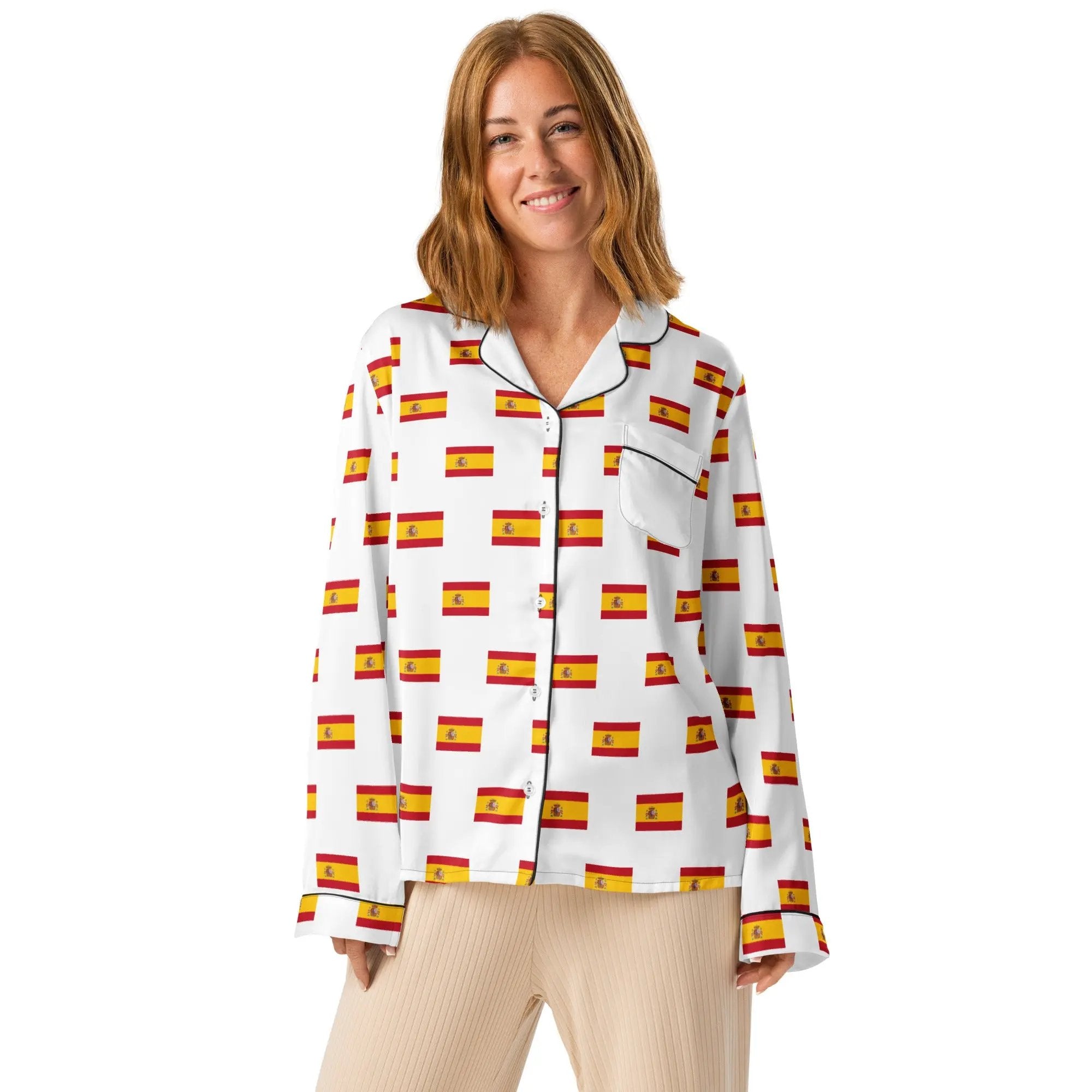 Comprar Pijama de manga larga Blanco Bandera España con ribete La Flamenca de Borgoña Bandera España