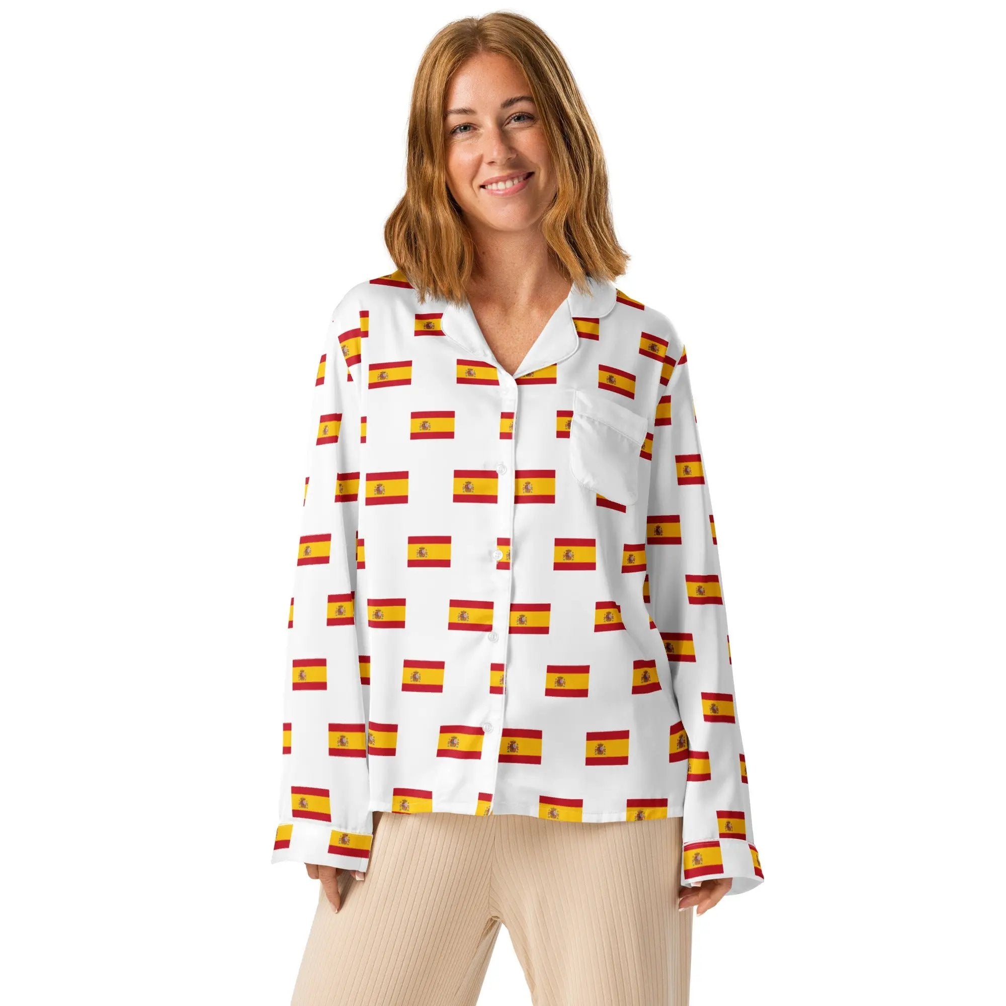 Comprar Pijama de manga larga Blanco Bandera España con ribete La Flamenca de Borgoña Bandera España