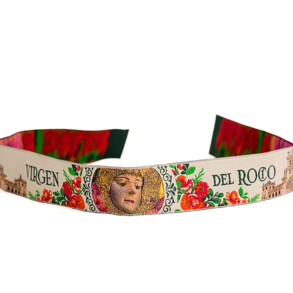 Comprar Pulsera de tela Virgen del Rocío beige con flores La Flamenca de Borgoña Bandera España