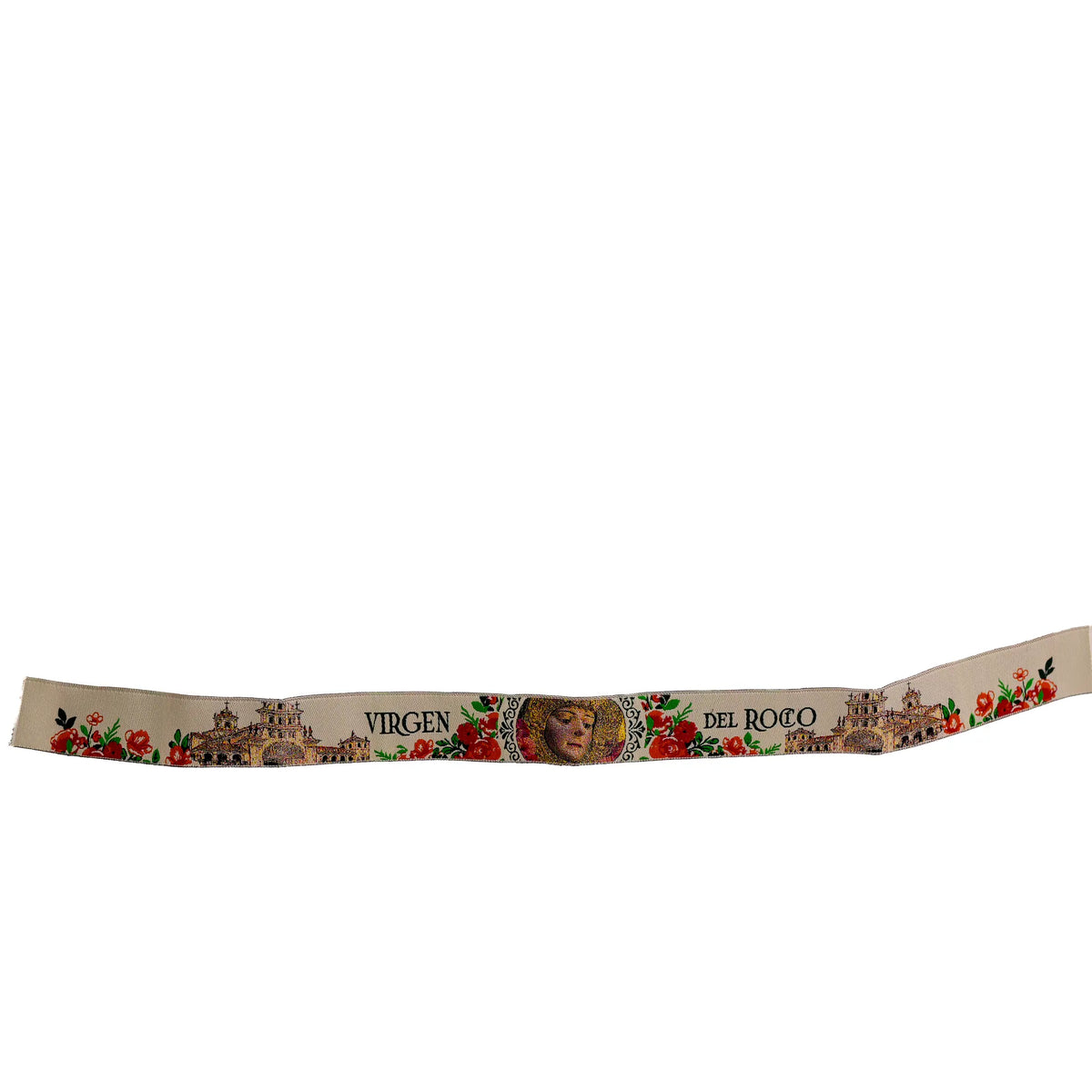 Comprar Pulsera de tela Virgen del Rocío beige con flores La Flamenca de Borgoña Bandera España