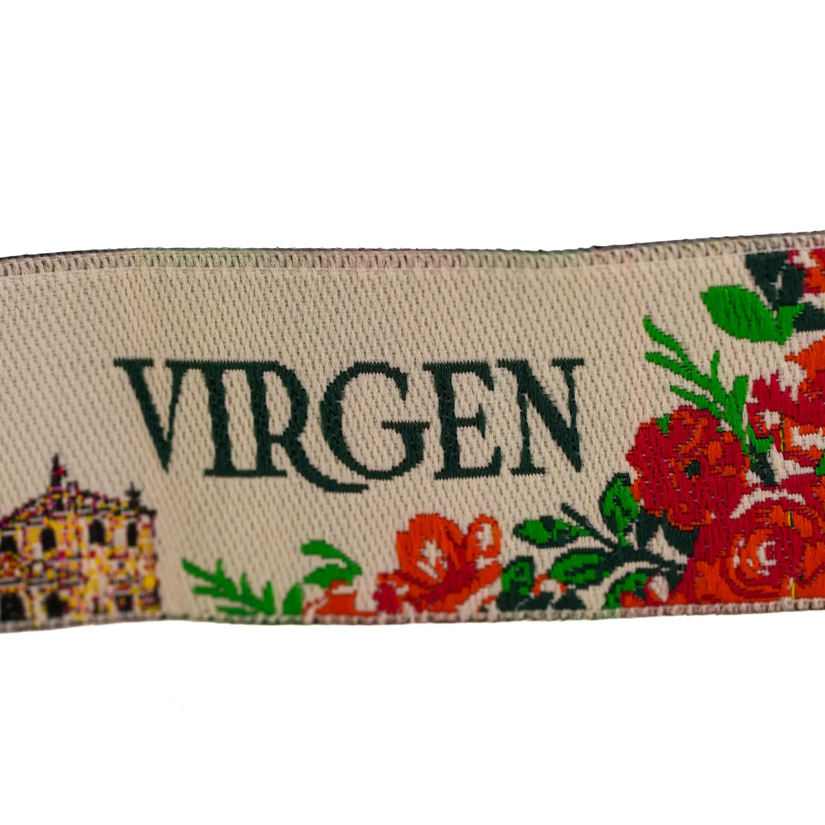 Comprar Pulsera de tela Virgen del Rocío beige con flores La Flamenca de Borgoña Bandera España