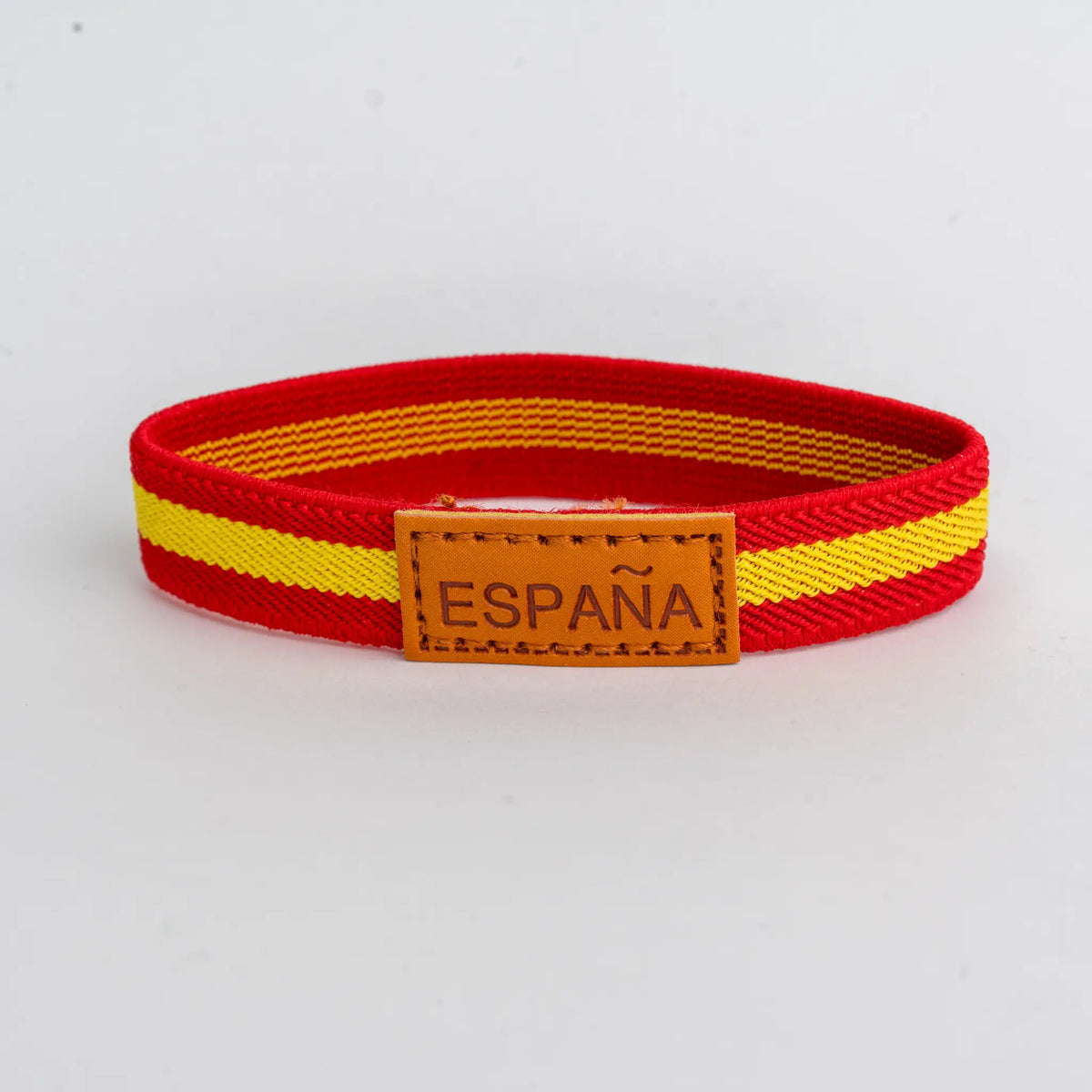Comprar Pulsera elástica Bandera España pieza piel grabada ESPAÑA La Flamenca de Borgoña Bandera España