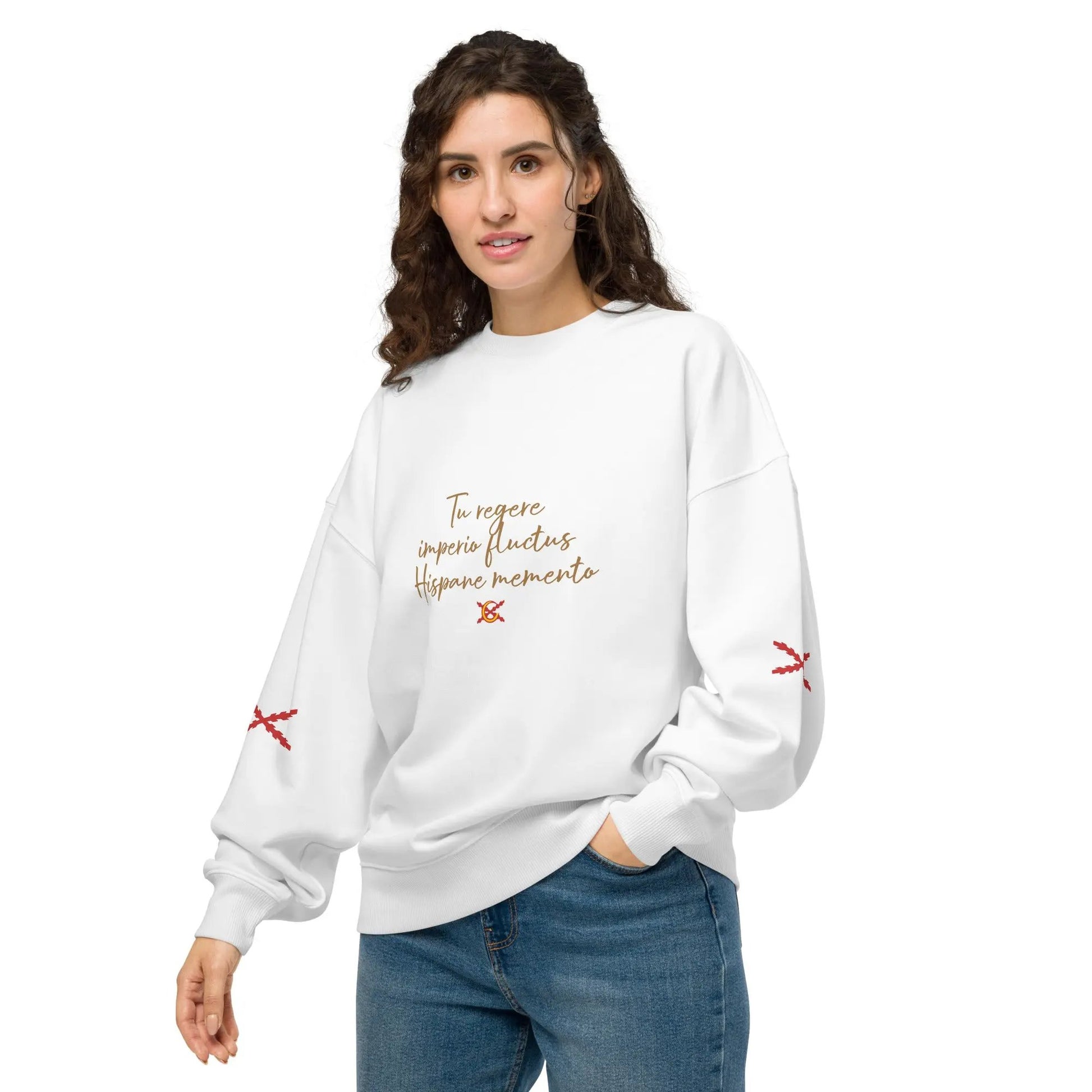 Comprar Sudadera oversize orgánica unisex "Tu regere imperio fluctus Hispane Memento" La Flamenca de Borgoña Bandera España