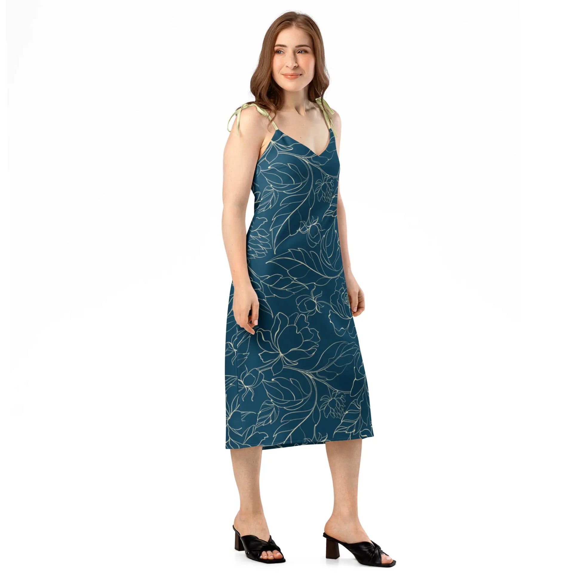 Comprar Vestido midi con tirantes ajustables Flores azules La Flamenca de Borgoña Bandera España