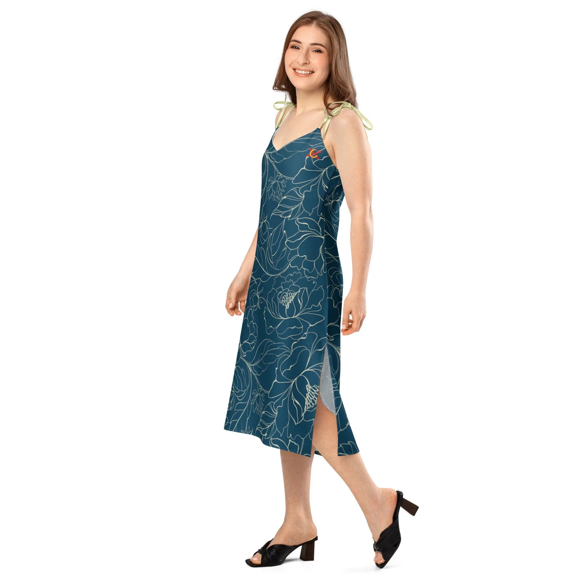 Comprar Vestido midi con tirantes ajustables Flores azules La Flamenca de Borgoña Bandera España