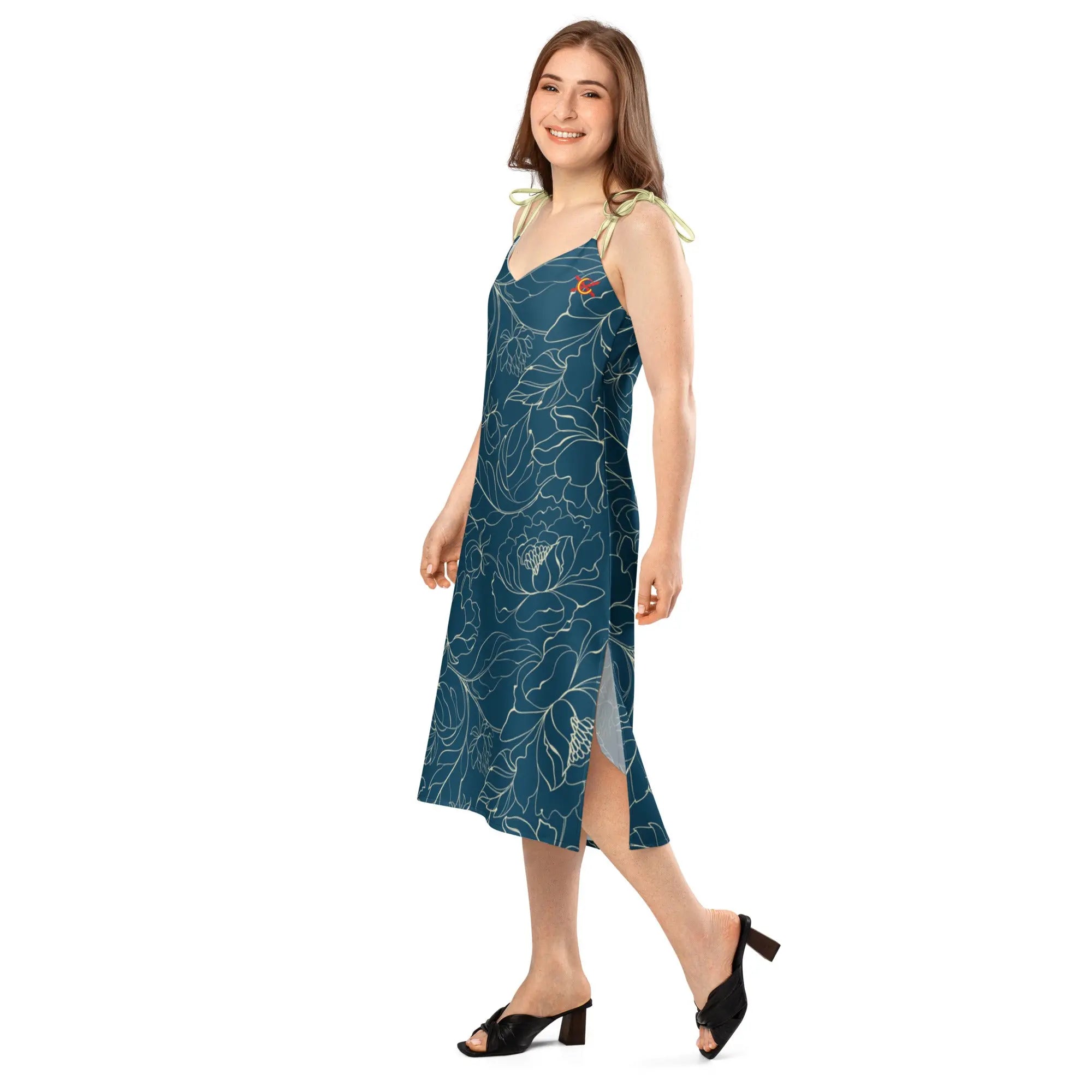 Comprar Vestido midi con tirantes ajustables Flores azules La Flamenca de Borgoña Bandera España