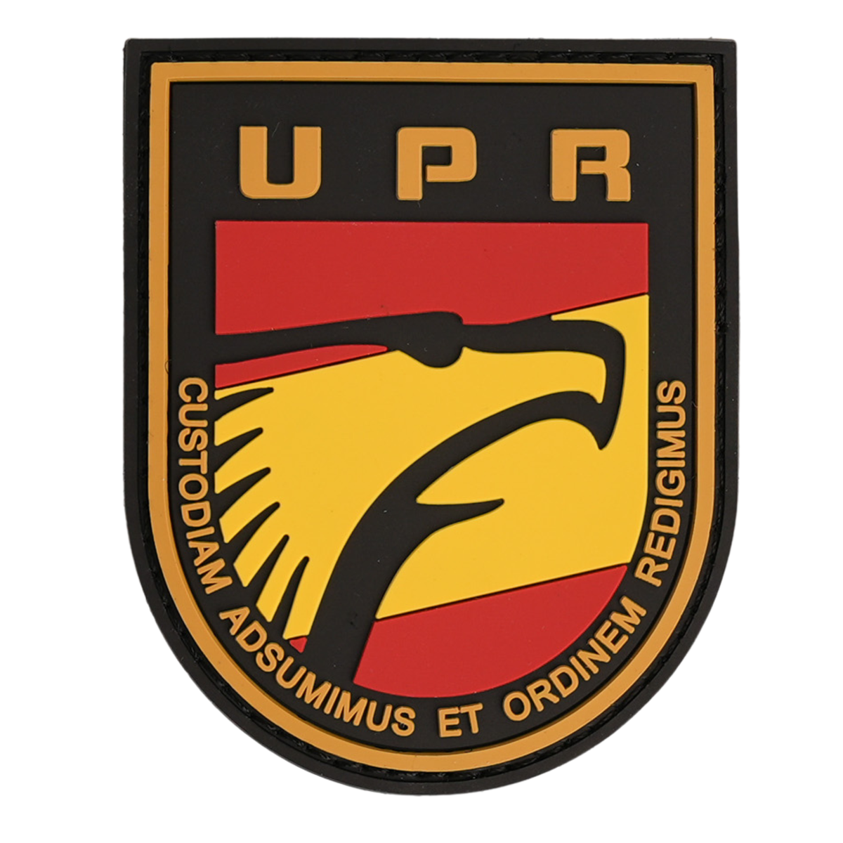 Parche U.P.R. «Custodiam Adsumimus et Ordinem Redigimus» Escudo PVC con Velcro — 8 × 6,5 cm