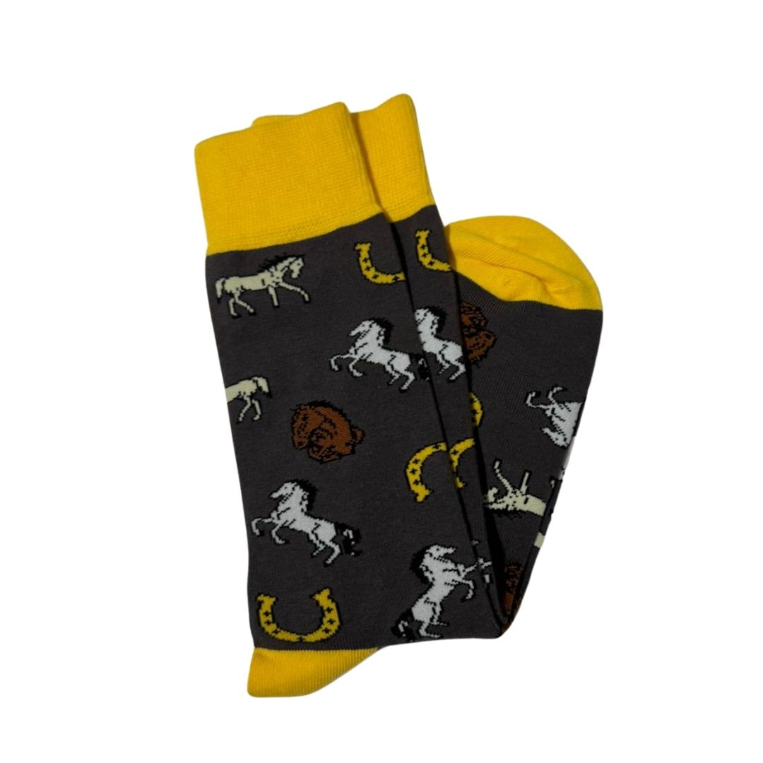 Calcetines Ecuestres con caballos y herraduras negro amarillo - LaFlamencadeBorgoña