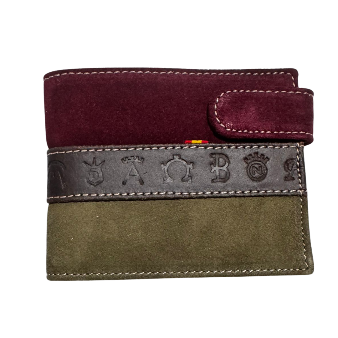 Cartera taurina tricolor piel serraje Ubrique Bandera España hierros taurinos