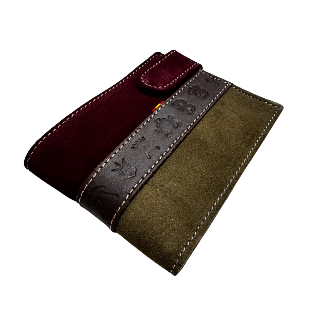 Cartera taurina tricolor piel serraje Ubrique Bandera España hierros taurinos