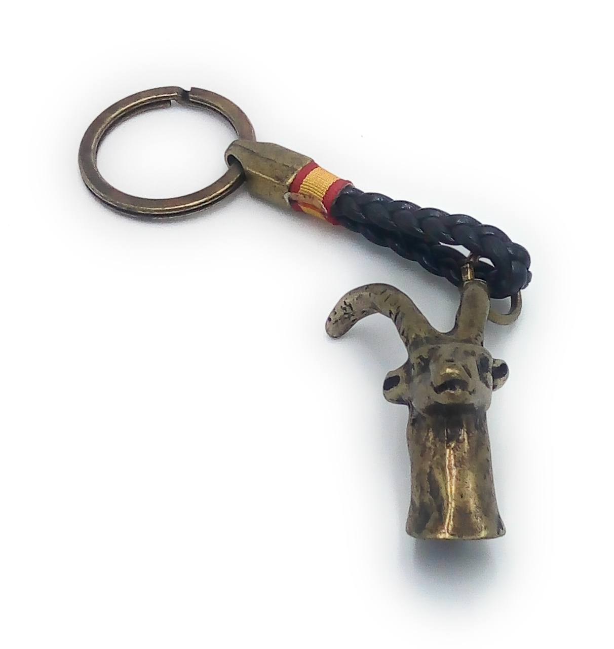 Llavero Cabra montesa bronce cuerda trenzada de piel y Bandera España - LaFlamencadeBorgoña