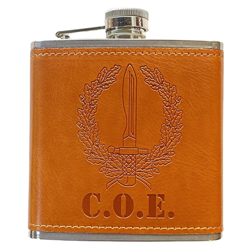 Petaca C.O.E. de Acero Inoxidable 304 Forrada en Piel (Marron) 6oz 177ml