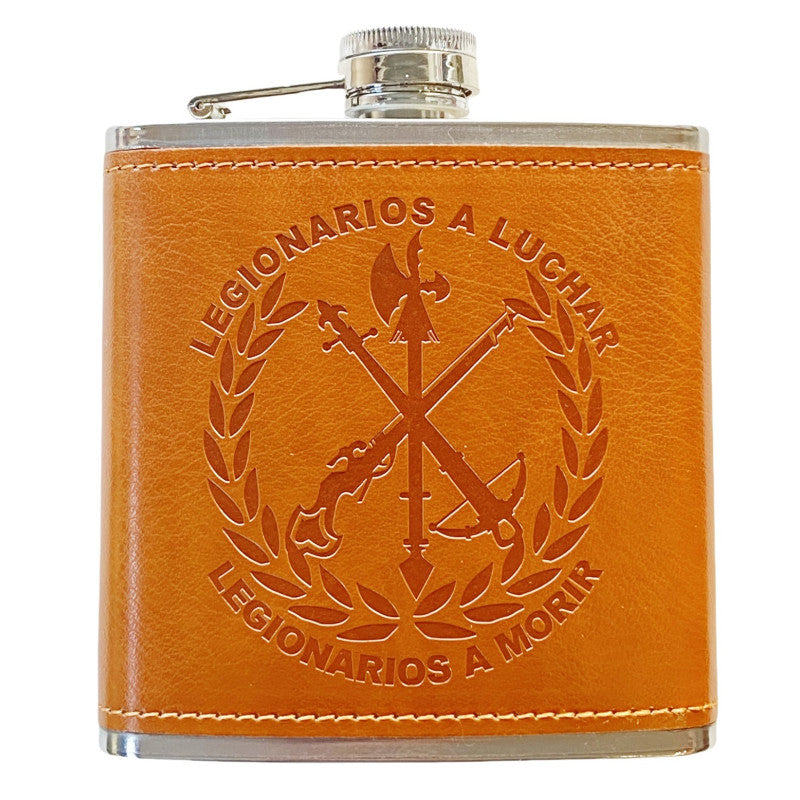Petaca Legión Española de Acero Inoxidable 304 Forrada en Piel (Marron) 6oz 177ml