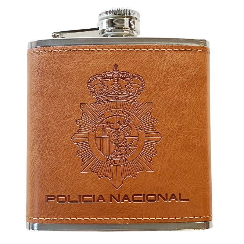 Petaca Policía Nacional de Acero Inoxidable 304 Forrada en Piel (Marron) 6oz 177ml