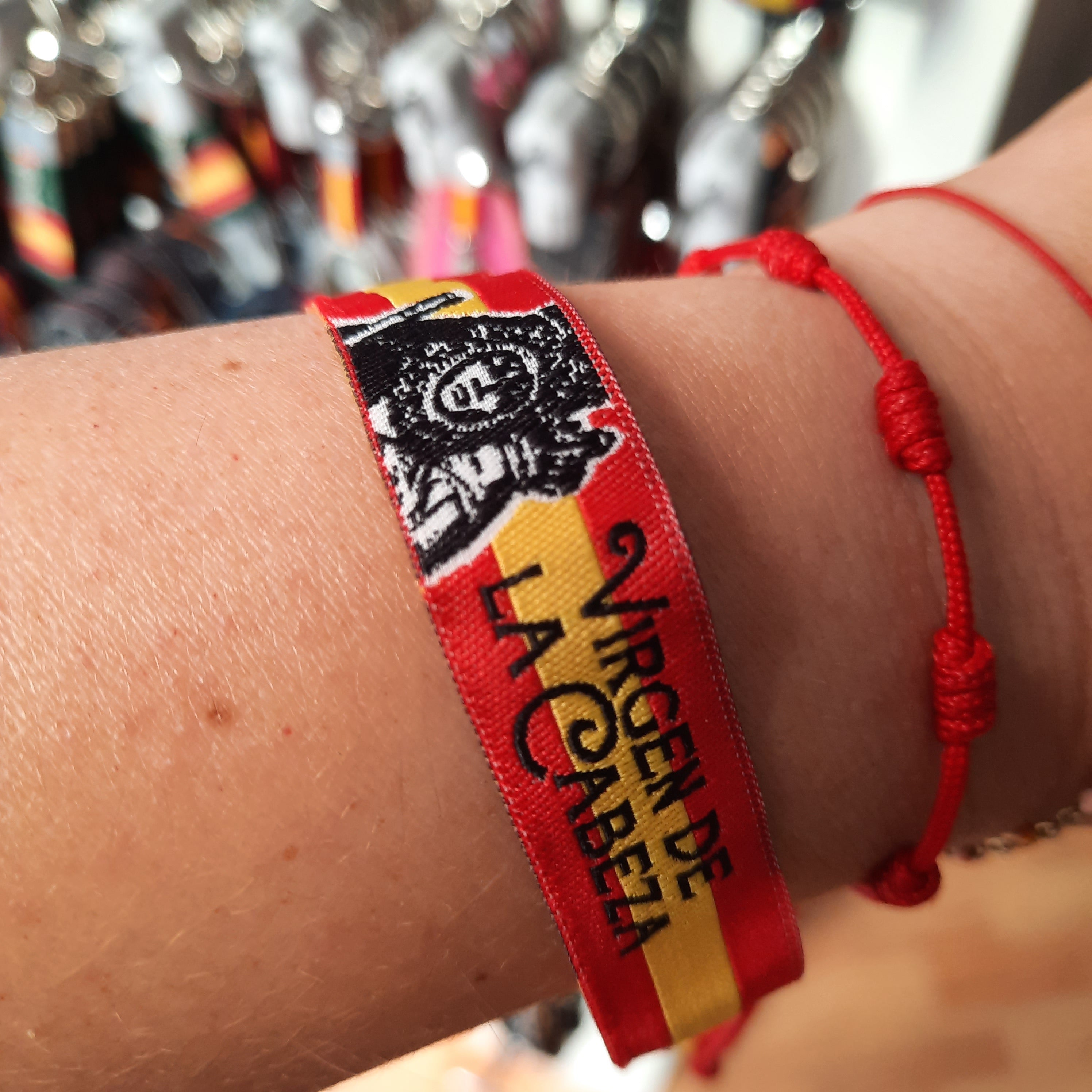 Pulsera tela Virgen de la Cabeza de Andújar bandera de España - LaFlamencadeBorgoña