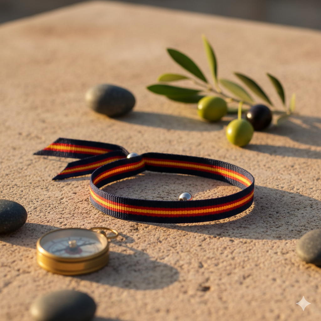 Blaues Stoffarmband mit spanischer Flagge und Kugel