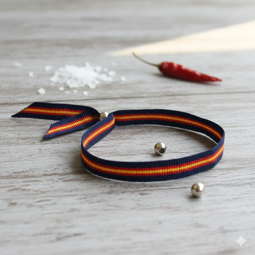 Blaues Stoffarmband mit spanischer Flagge und Kugel