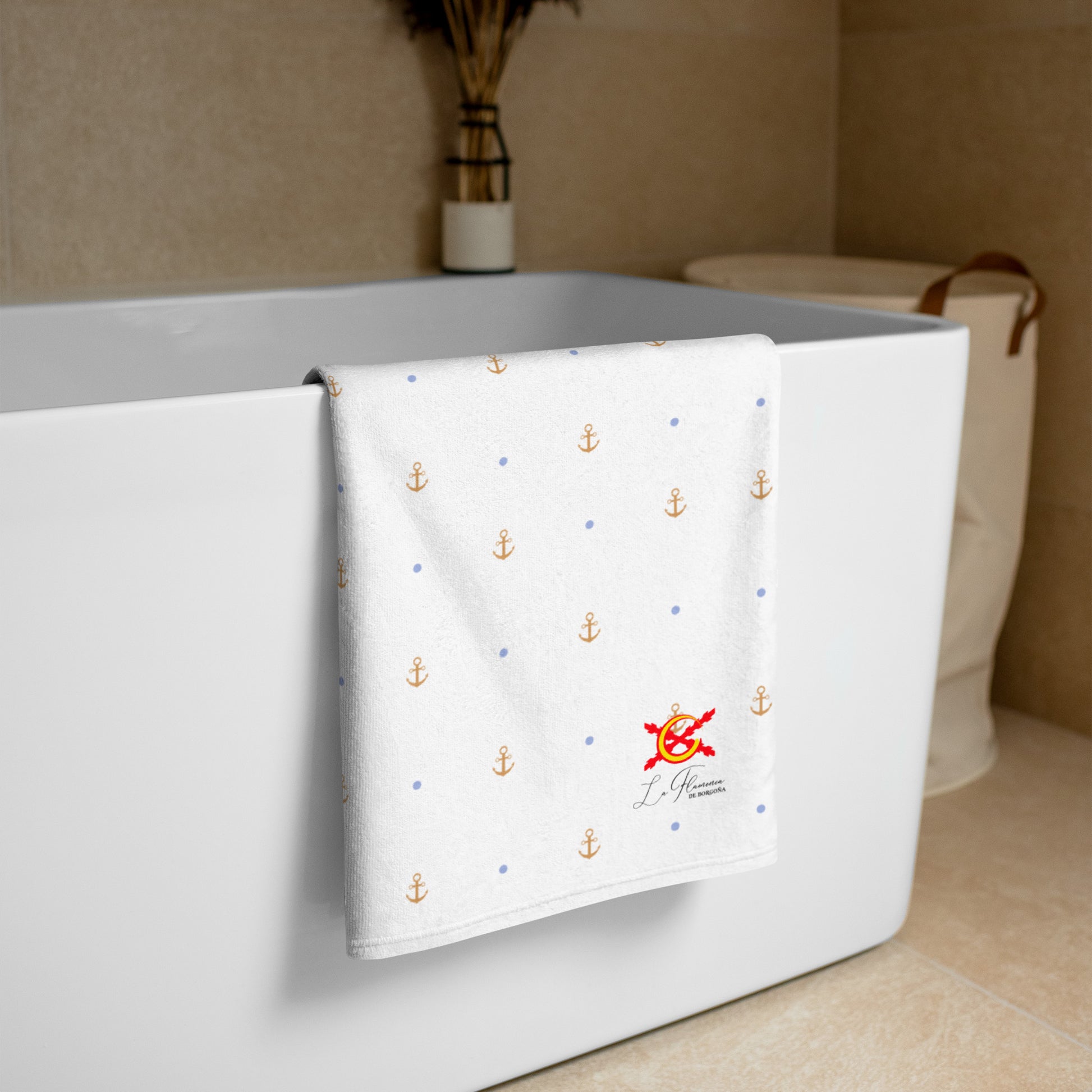 Toalla blanca anclas amarillas - Colección Alta Mar IX - LaFlamencadeBorgoña