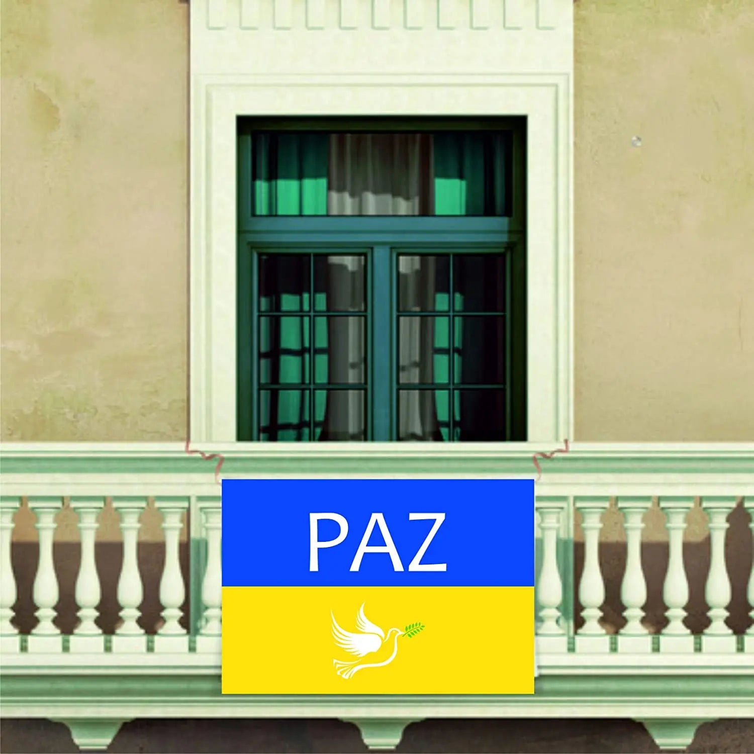 Comprar Bandera Ucrania PAZ balcón Bandera España La Flamenca de Borgoña Patricia Muñoz VOX