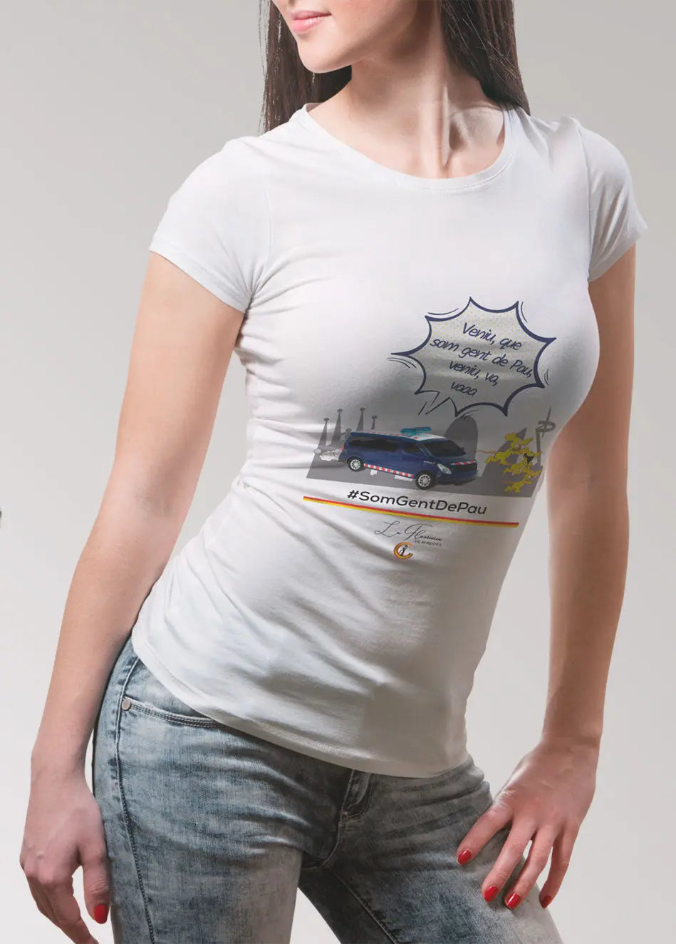 Comprar Camiseta Veniu Som Gent de Pau (Venid, que somos gente de paz) Bandera España La Flamenca de Borgoña Patricia Muñoz VOX