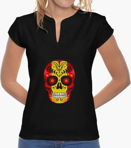 Comprar Camiseta mujer Calavera cuello mao Bandera España La Flamenca de Borgoña Patricia Muñoz VOX