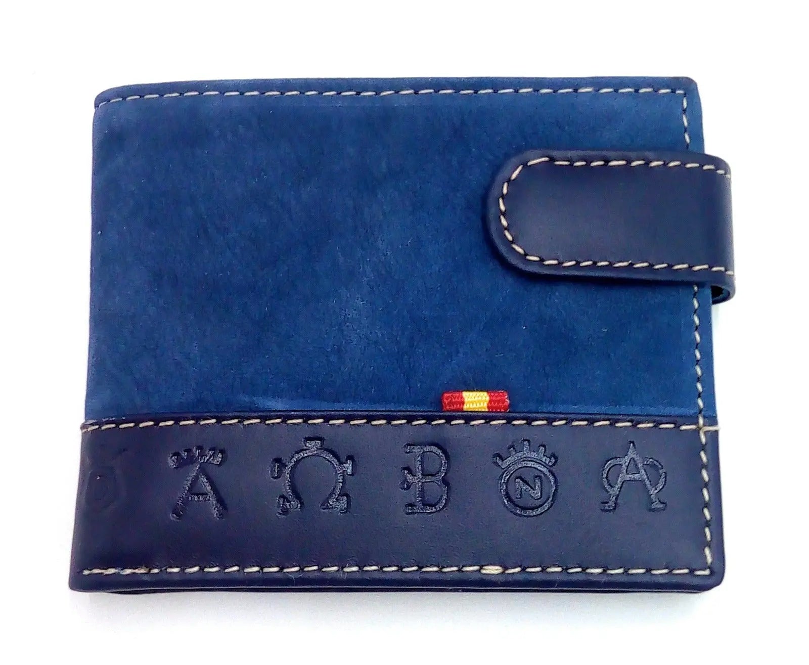 Comprar Cartera taurina Bandera España azul piel serraje La Flamenca de Borgoña, Bandera de España, Cruz de Borgoña, Patricia Muñoz, VOX, Santiago Abascal 