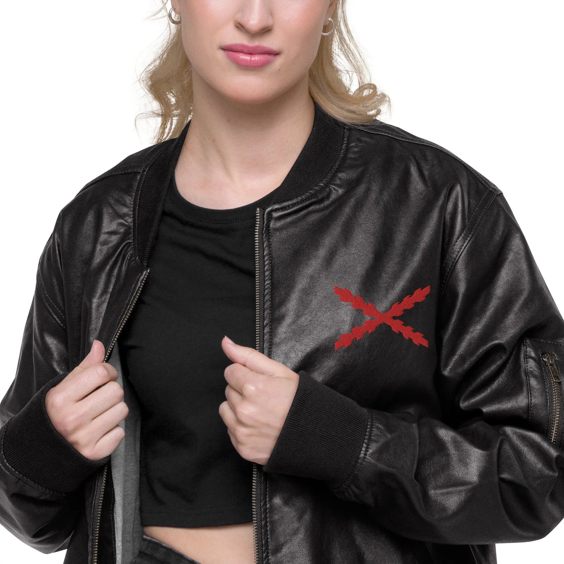 Comprar Chaqueta bomber piel vegana Tu regere imperio fluctus Hispane memento Bandera España La Flamenca de Borgoña Patricia Muñoz VOX