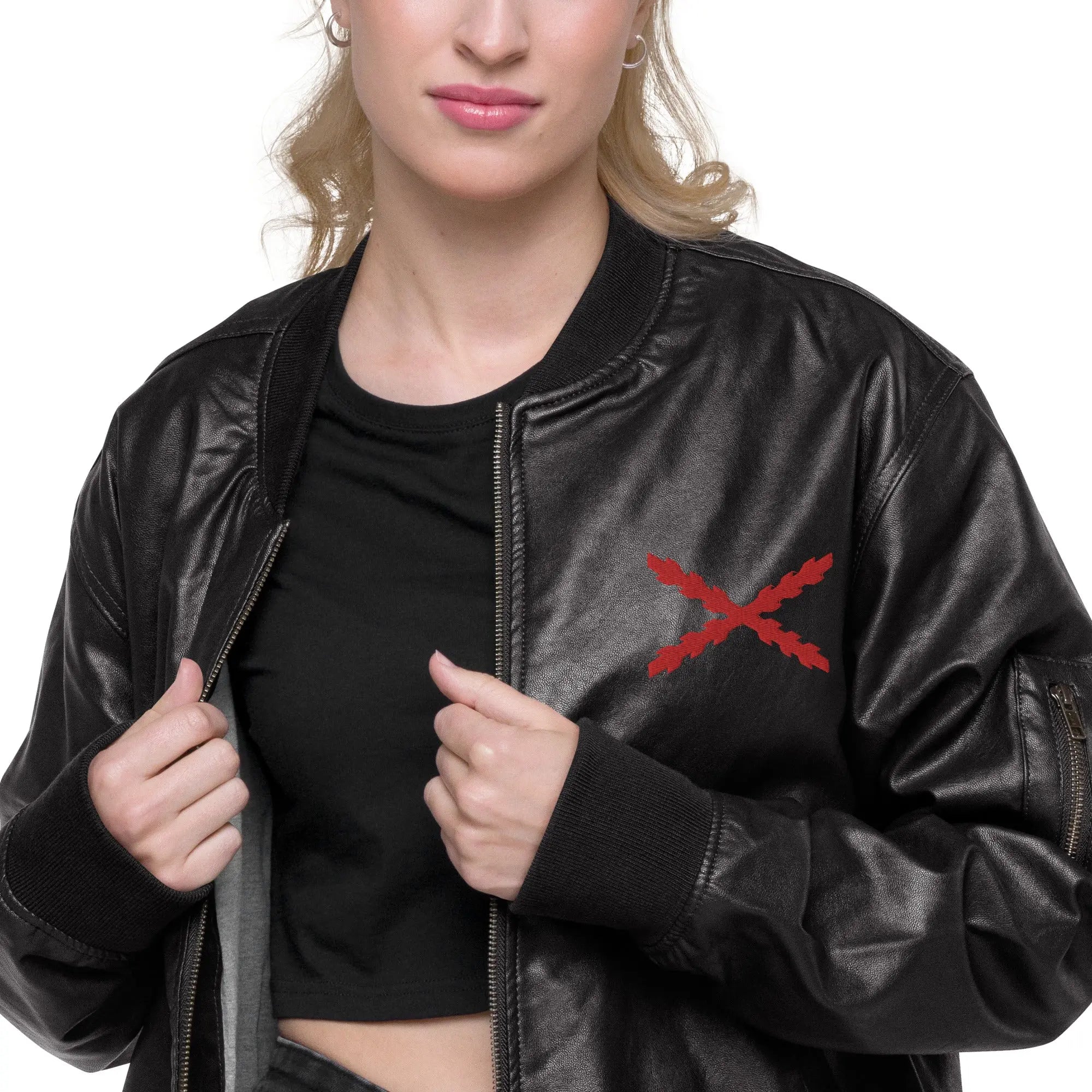 Comprar Chaqueta bomber piel vegana Tu regere imperio fluctus Hispane memento Bandera España La Flamenca de Borgoña Patricia Muñoz VOX