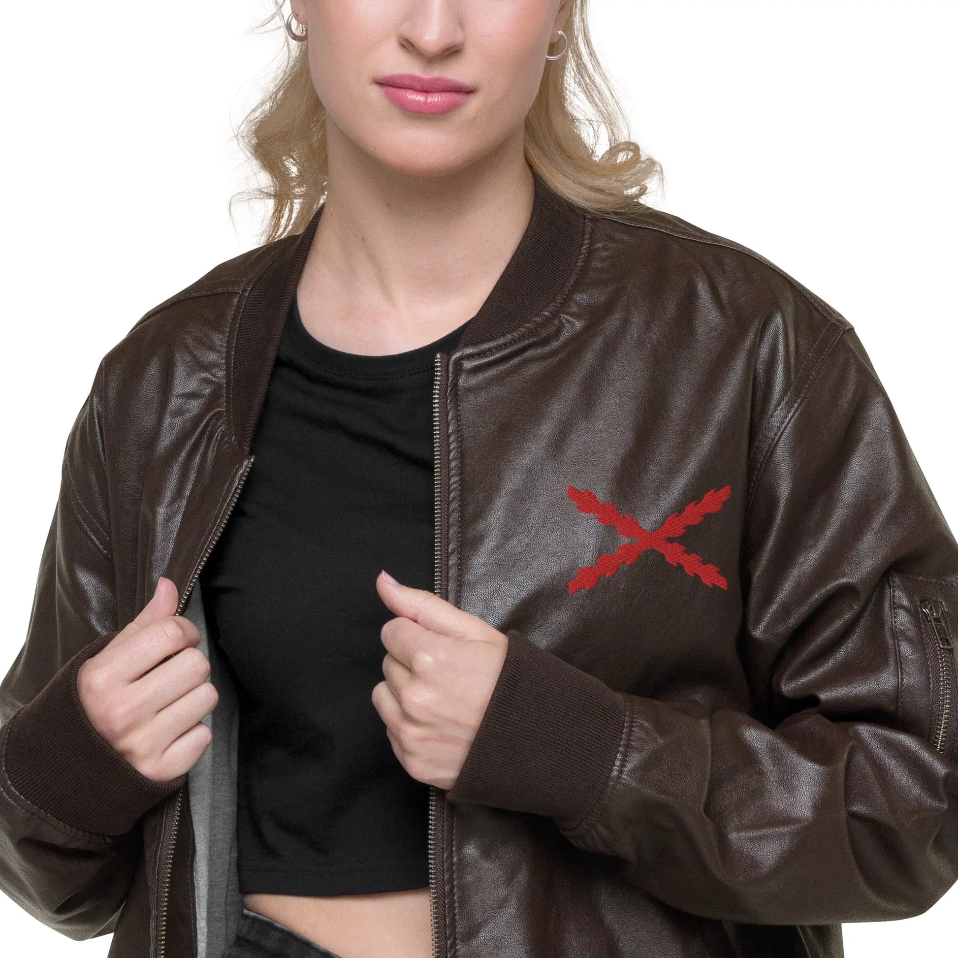 Comprar Chaqueta bomber piel vegana Tu regere imperio fluctus Hispane memento Bandera España La Flamenca de Borgoña Patricia Muñoz VOX